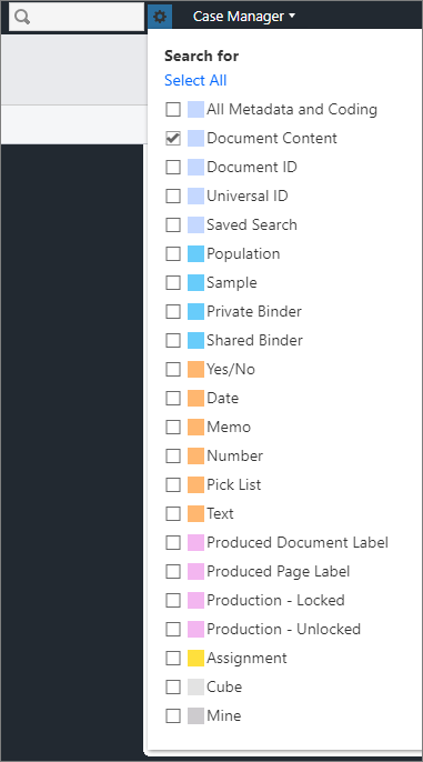 Quick search menu showing all options and Document Content selected.